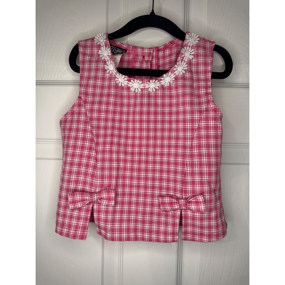 Vintage Pogo Club of NY Girls Pink Plaid Lace Sleeveless Button Back 7/8